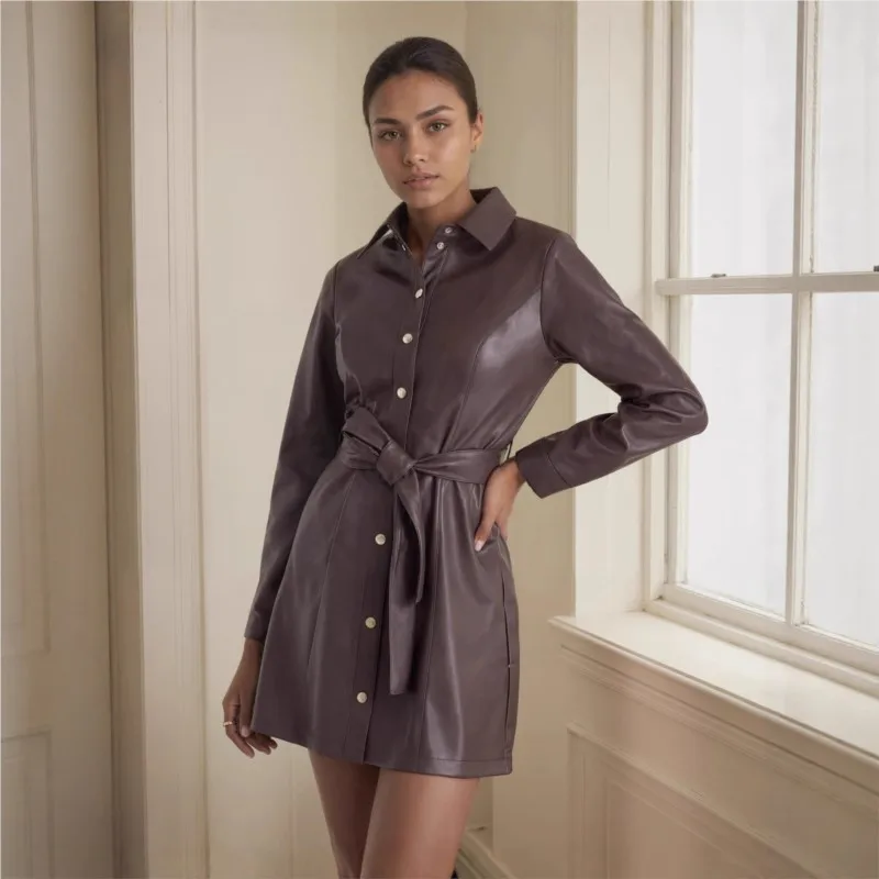 

Autumn New Women's Brown Faux Leather Windbreaker Jacket Belted Collared Long Sleeve Mini Dress Office Elegant Jackets Outwear