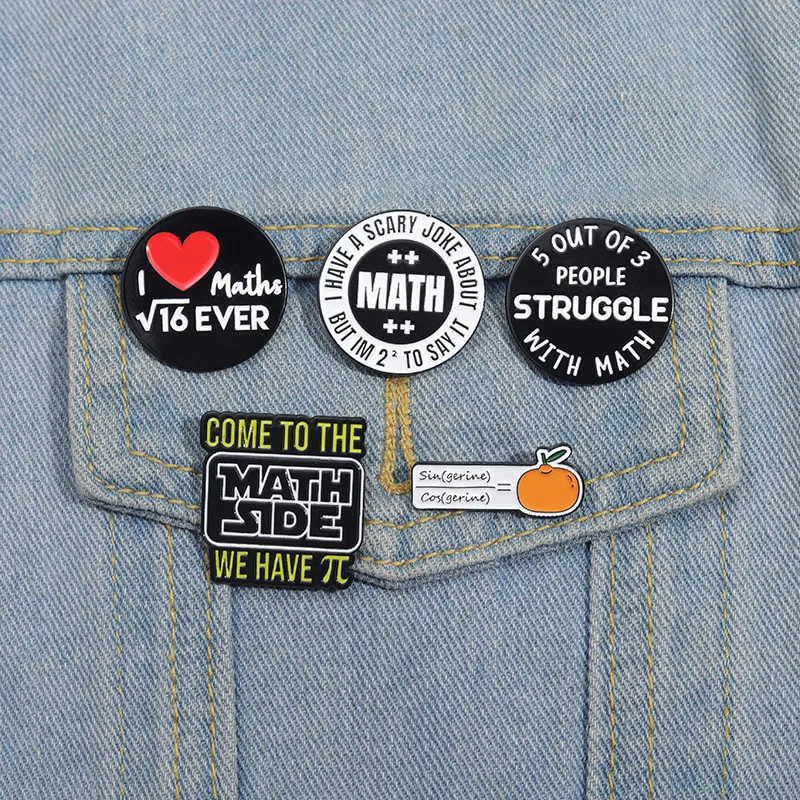 Personality Math Cartoon Brooch Basic Math Function Radical PI Girl Love Math Linear Algebra Metal Badge Punk Lapel Pins Jewelry