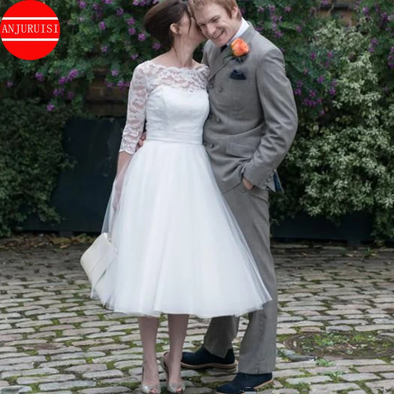 Drei Viertel Ärmeln Hochzeit Kleid Kurze Vestidos De Novia Frankreich Spitze Suknia Ślubna Mid-Kalb Länge Robe Mariage Trouwjurk