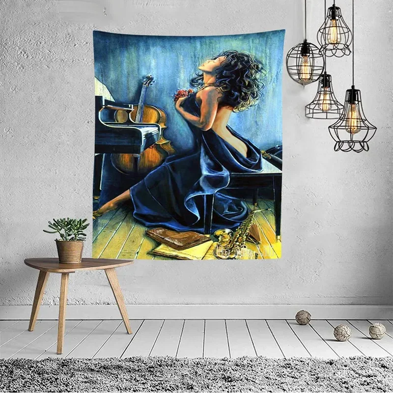 Romantic woman painting violinist women playing musical for love on saxophone plate jazz art blue tapestry