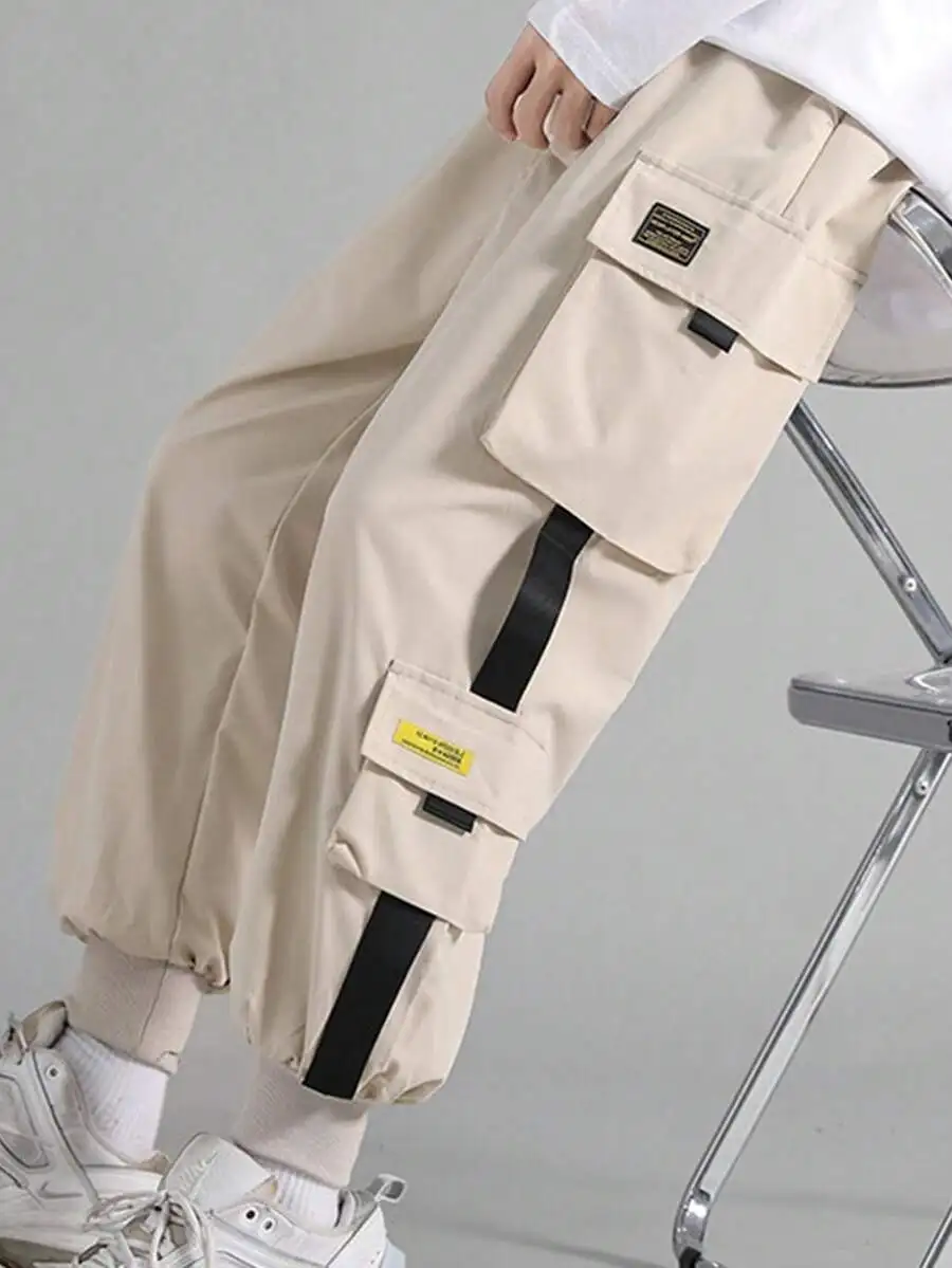 Mens Beige Cargo Trousers With Multiple Pockets And Elastic Cuffs