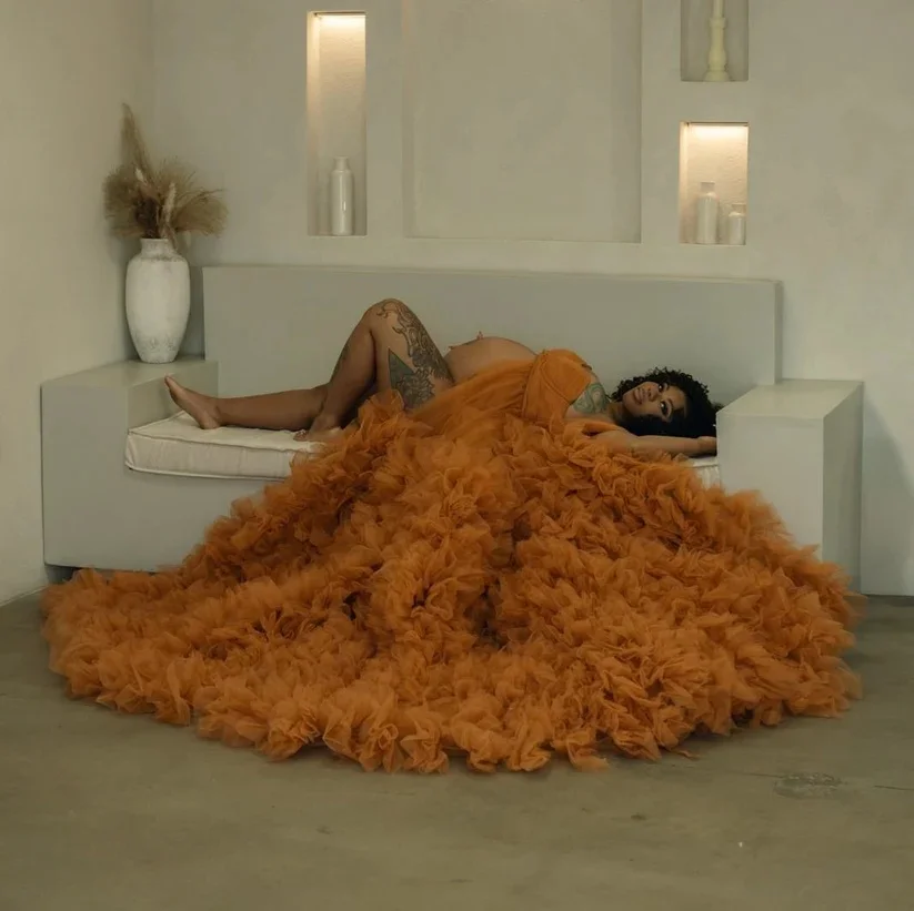 Uma linha laranja vestido de maternidade para photoshoot babados longos vestidos de fotografia para mulheres grávidas vestidos de chuveiro de bebê personalizados