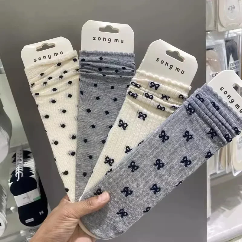 1/4pairs Thin Breathable Summer Women Bow Socks Korean Fashion Solid Color Loose Long Socks Japan School Girls Grey White Socks image 2