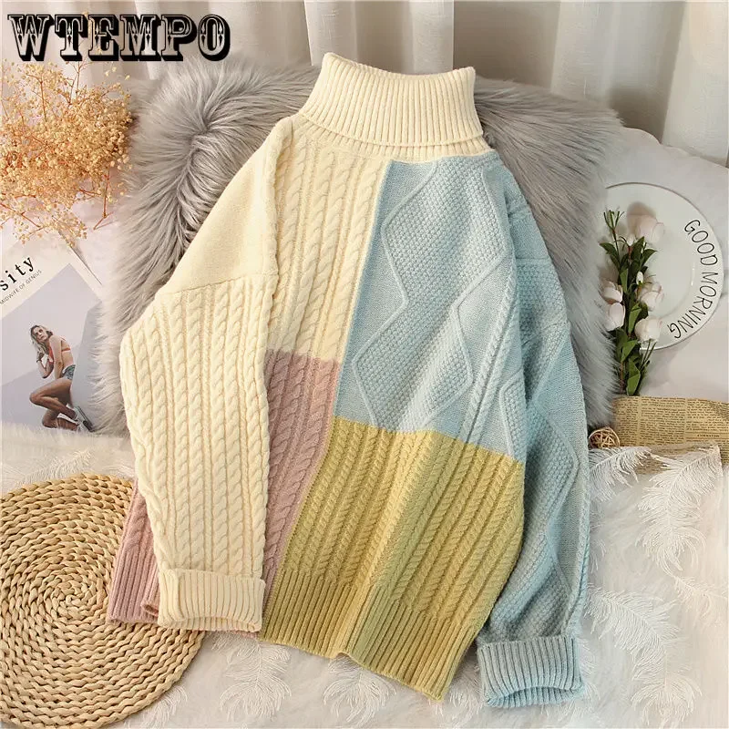 WTEMPO Women's Long Sleeve Colorblock Cable Sweater Turtleneck Pullover Jumper Patchwork Knitwear Fall Winter Knitting Tops