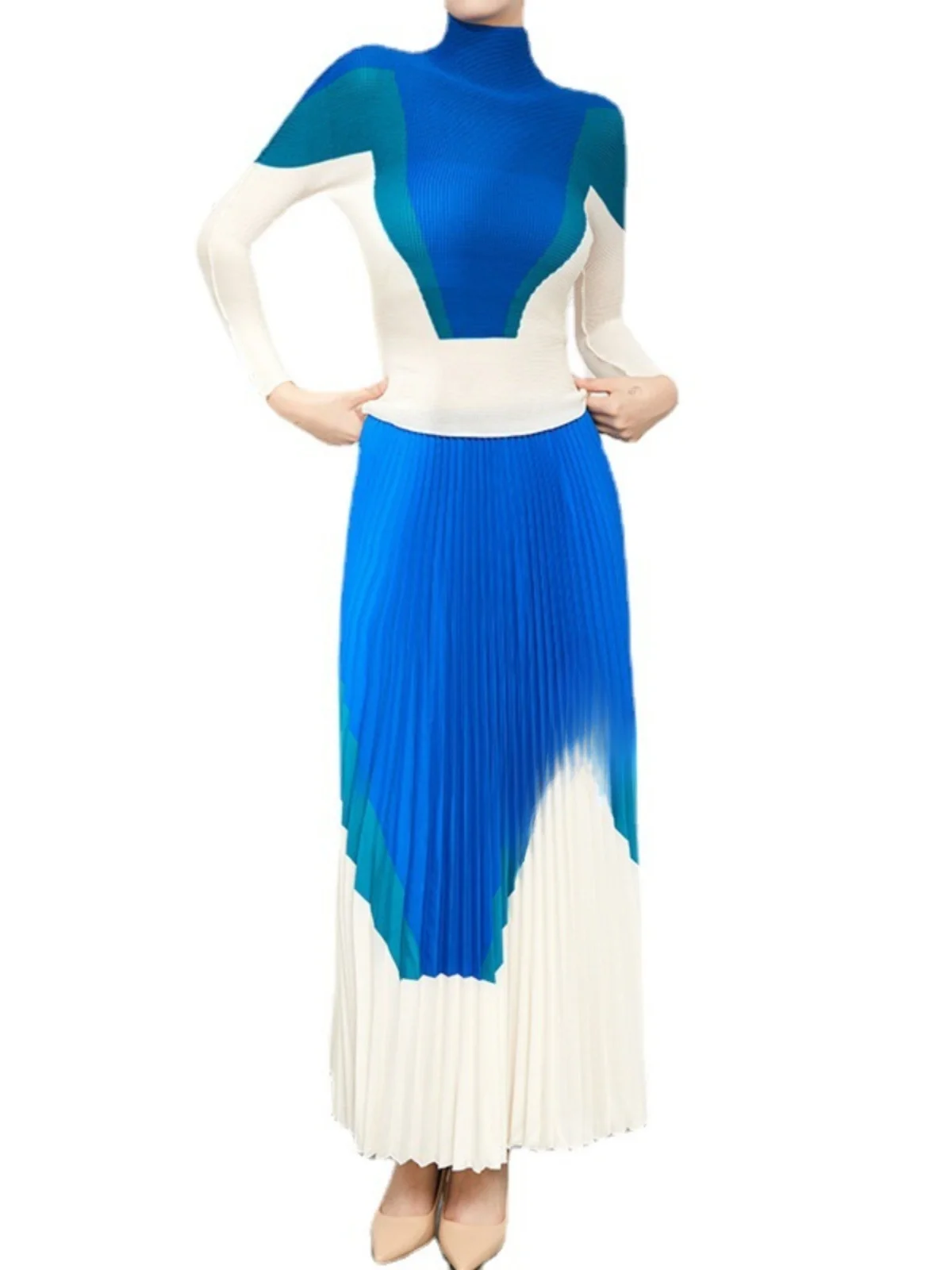 패셔너블한 프린트 하프 길이 스커트 긴팔 상의 여성 세트 폴리에스터 섬유 00% 투피스 수트 가을 2024 컬렉션