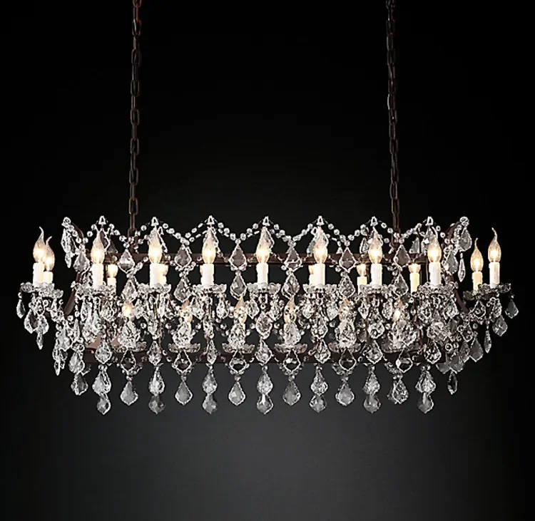 

19th C. Rococo Iron & Crystal Chandeliers Rectangular Lighting Candles Suspension Lamp Home Decoration