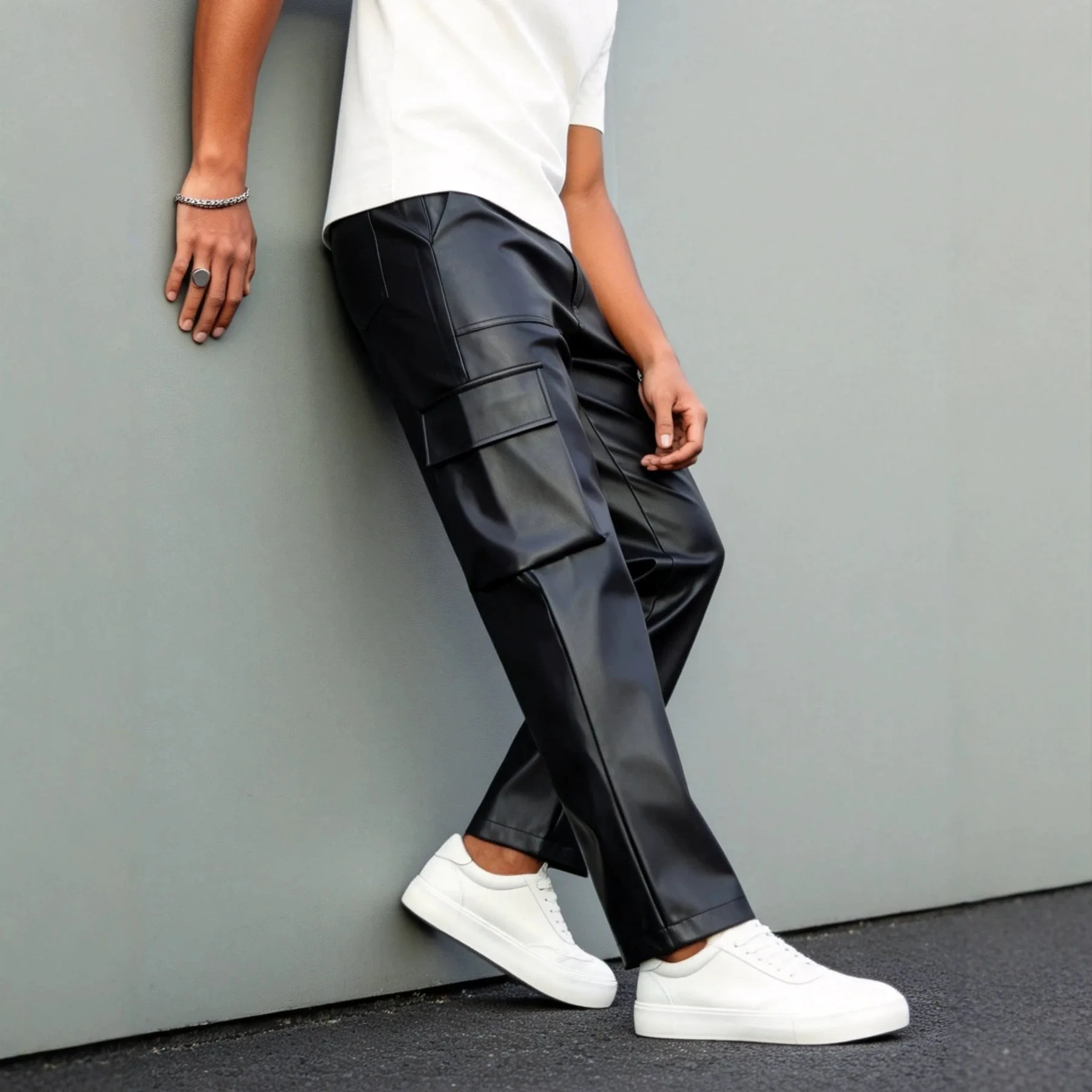 Men's PU Leather Cargo Pants, American Moto Multi-Pocket Straight Faux Leather Casual Trousers
