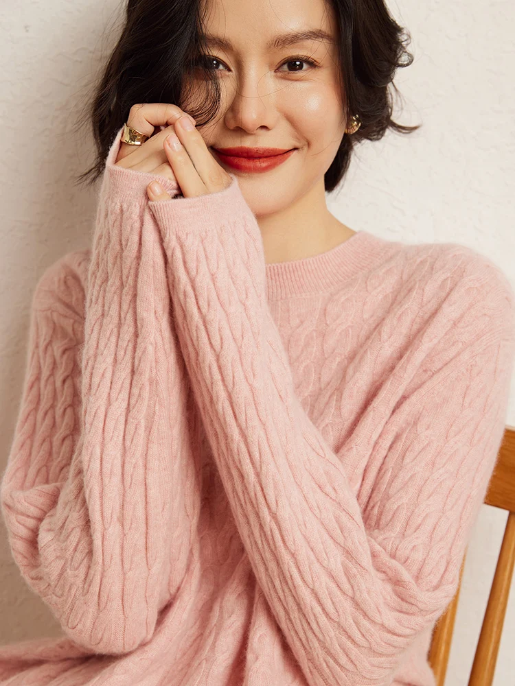 Mulheres chiques 100% camisola de caxemira o-pescoço pulôver cabo malha frente curta longa volta estilo vintage solto malhas outono inverno topo