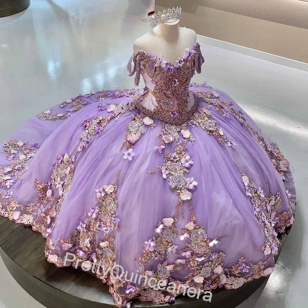 Multi Colors 3D Flowers Off Shoulder Beads Lavender Quinceanera Dress Princess Ball Gown For XV Vestidos De 15 Años