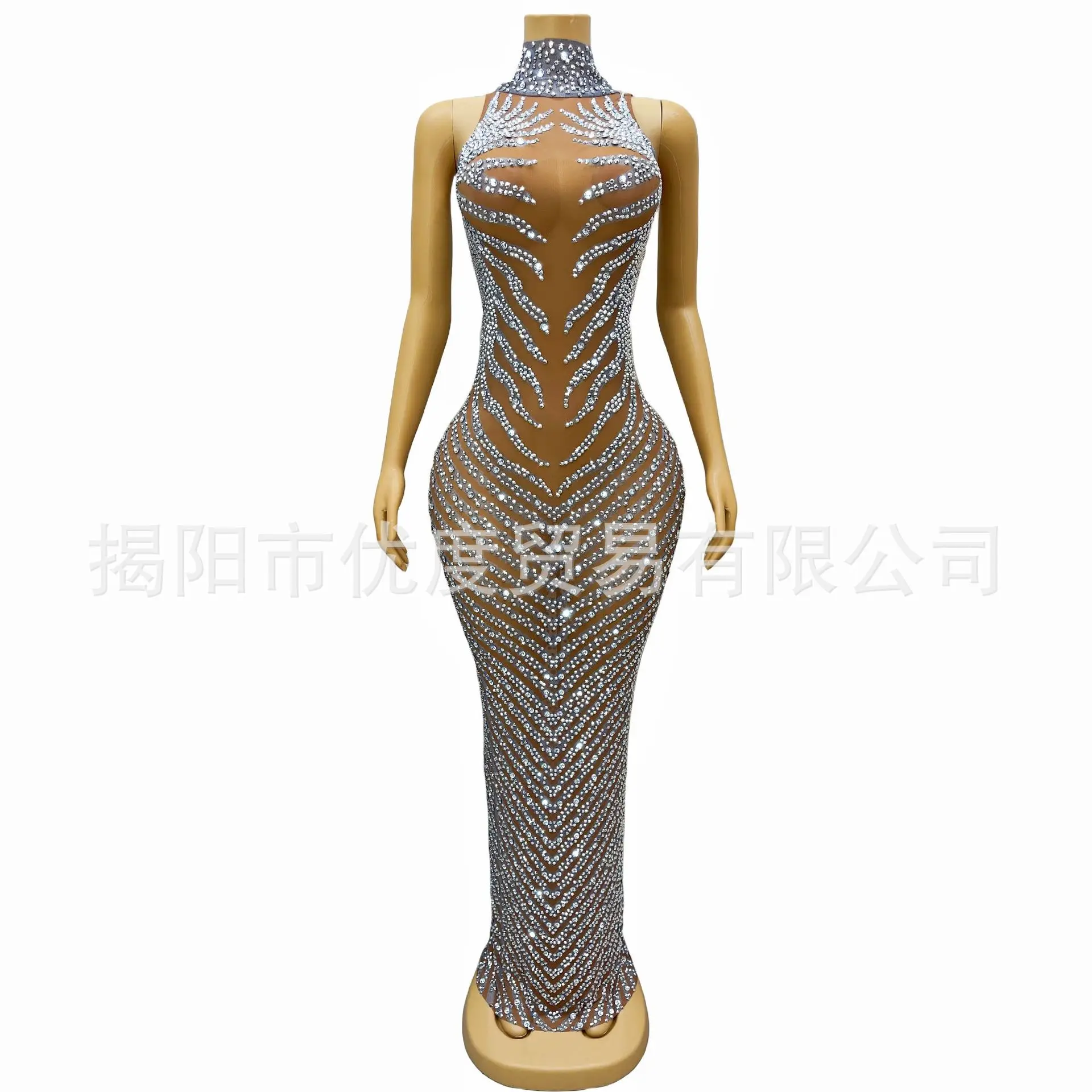 Designer Model Bright Perspective Mesh Rhinestone Birthday DJ Cocktail Party Night Dress Performance Crack Vestido Festa Luxuoso