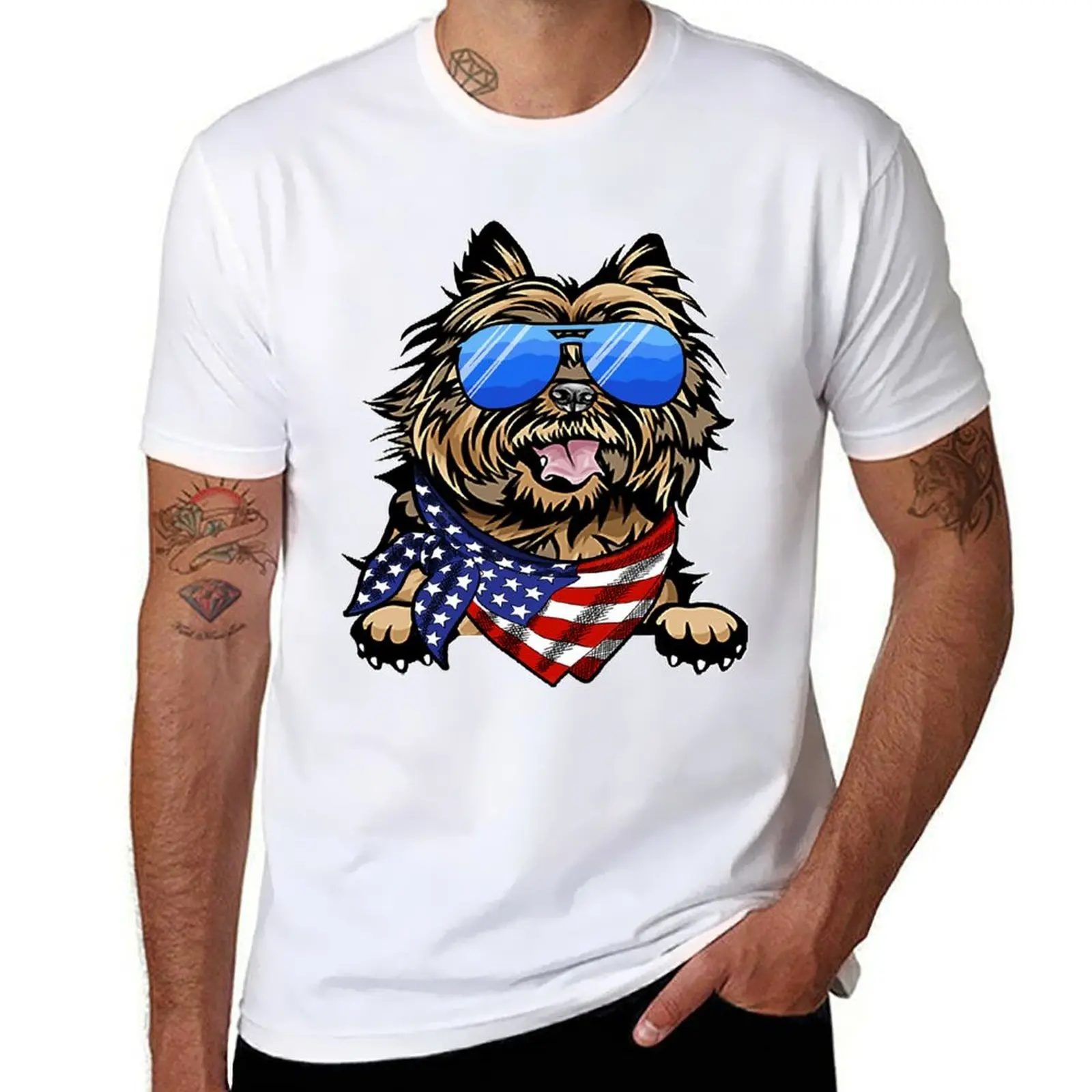 

American Cairn Terrier USA Flag 4th of July T-Shirt men t shirt cotton 100% t shirts for man pack cotton T-Shirt