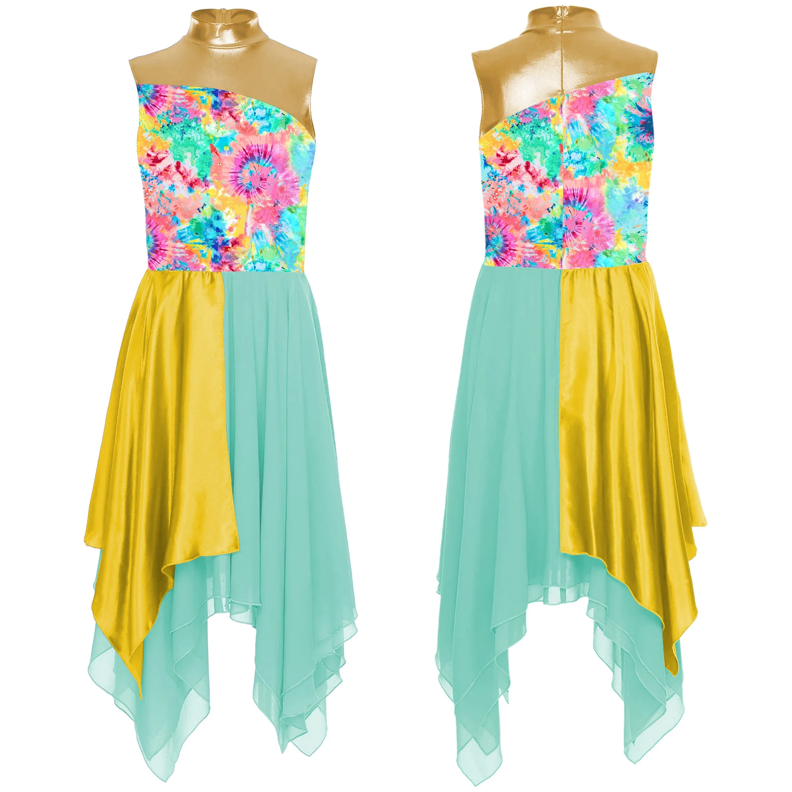 

Adult Worship Praise Dance Dress Lyrical Modern Ballroom Costume Sleeveless Print Tunic Patchwork Irregular Hem Dress for Women