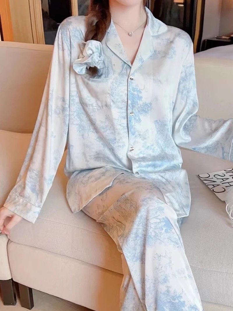 M-5XL Loose Brand Women Pajamas Set Luxury Sleepwear Print Smooth Faux Silk Pajama Set Home Clothe Nightclothes Summer Outfits