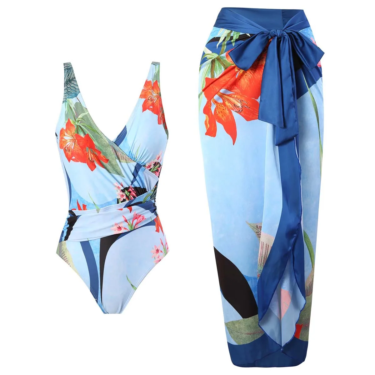 Traje de baño con estampado Floral para mujer, falda envolvente, cubierta de Sarong, playa de verano