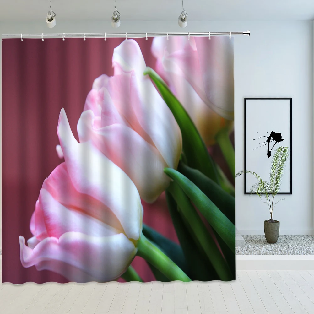 

Floral Tulip Printing Flower Shower Curtain Waterproof Polyester Fabric Bathroom Curtain With Hooks 180x180cm Decorative Curtain