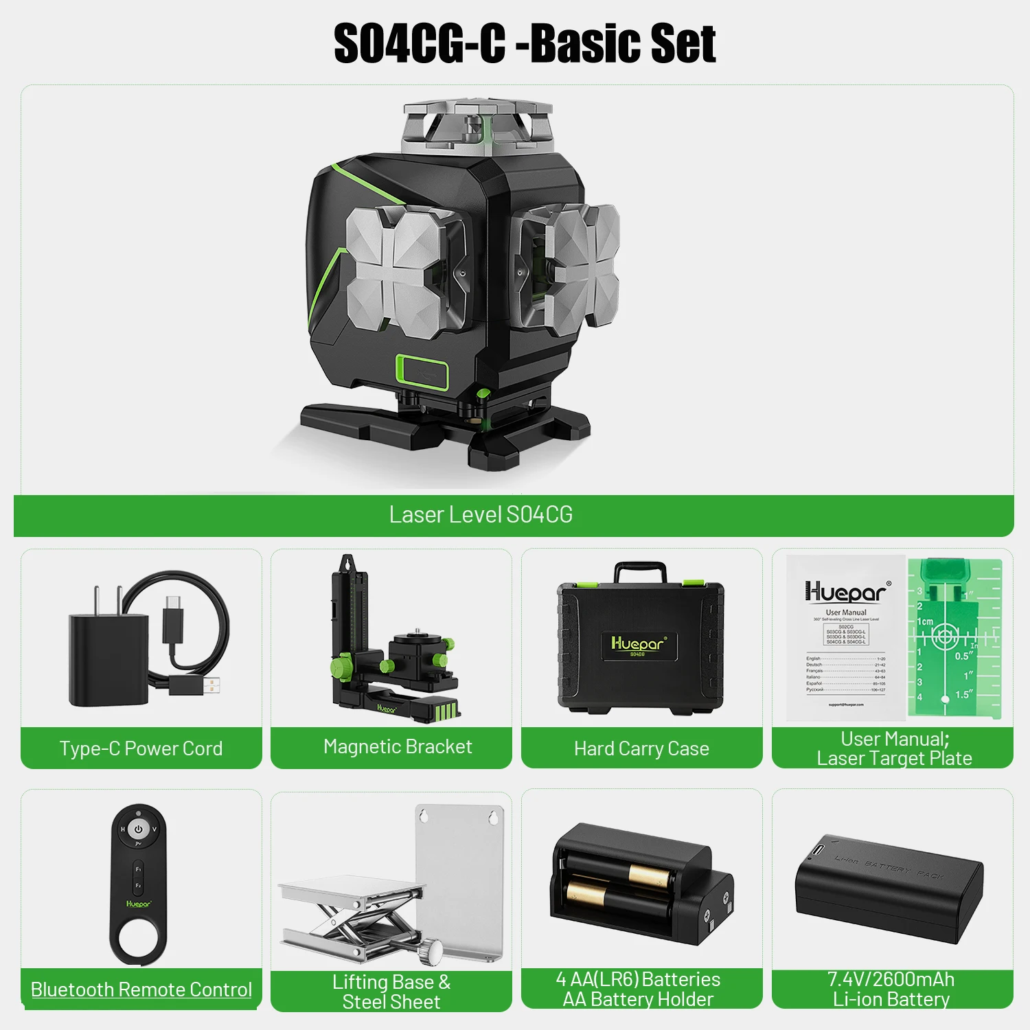 Huepar S04CG-C 4D groene laserniveau Zelfnivellerende kruislijnlasergereedschappen met detector, LCD-scherm, afstandsbediening, Bluetooth en beugel
