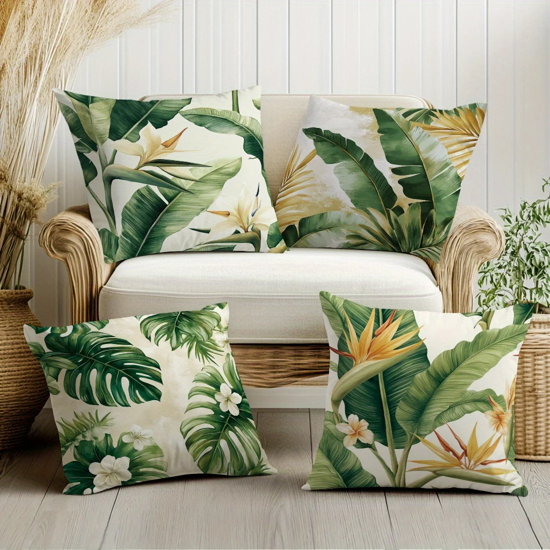 4Pcs Tropical Leaf Pillow Covers 45x45cm Double-sided Printed Banana Leaf Monstera Cushion Cases Green Plant Home Decor Throw