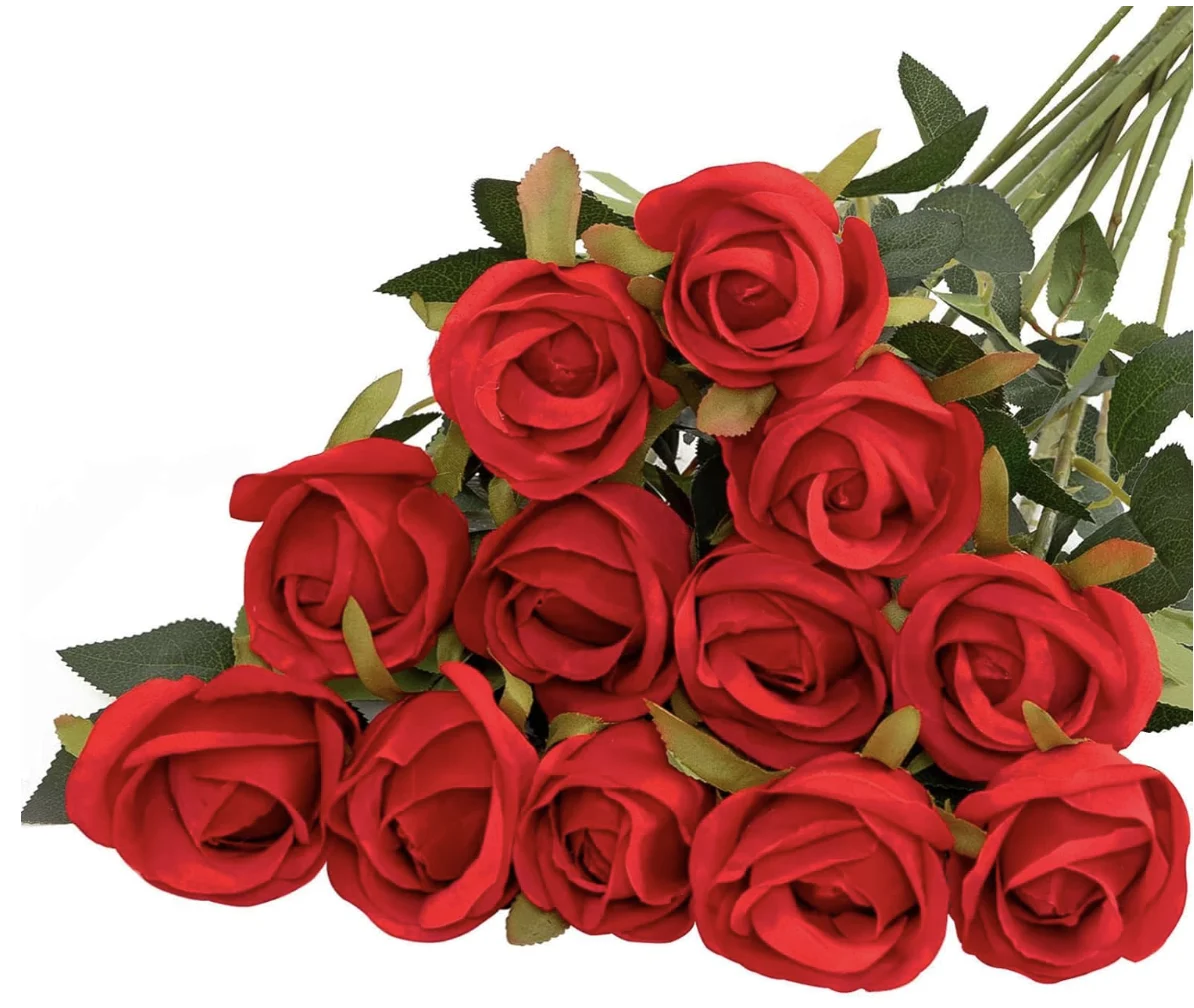 12PCS Artificial Silk Flowers Realistic Roses Bouquet Long Stem for Home Wedding Decoration Party (Rose Buds Red)