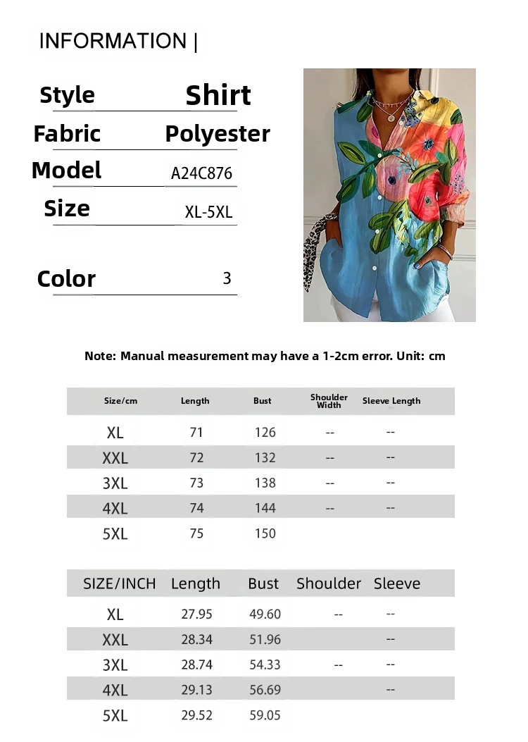 Top floreale da donna taglie forti Stile risvolto casual per la moda europea e americana primaverile e autunnale