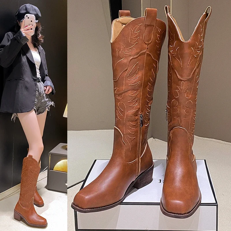 

2024 New Vintage Square Head Thick Heel Cowboy Boot Women's Embroidered Side Zipper Boots 2024 Spring and Autumn Western Boots