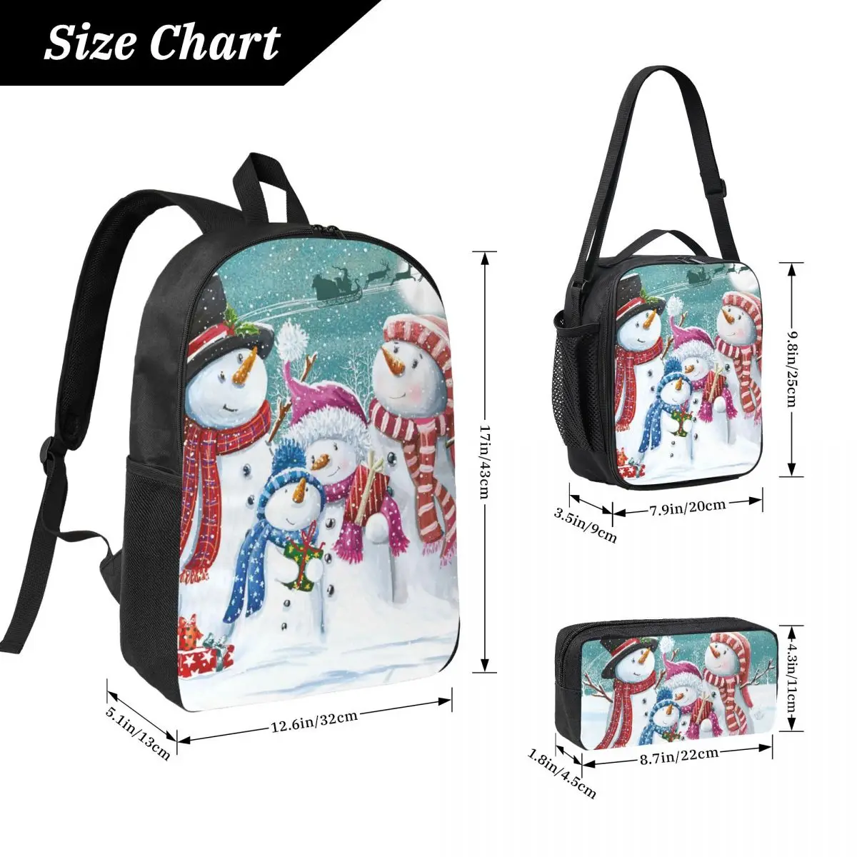 Cartoon Snowman In The Snow Backpack Student BookBag School Bag Laptop Shoulder Bags 3ps Insulated Lunch Bag Pencil Case