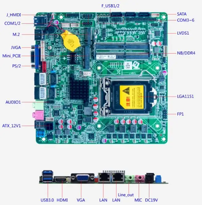 H310 Mini-ITX Motherboard 8/9th Core i3/i5/i7 LGA1151 CPU IPC SBC Embedded Ultra-thin Mainboard with 6*COM 2*LAN DC-19V DDR4 VGA