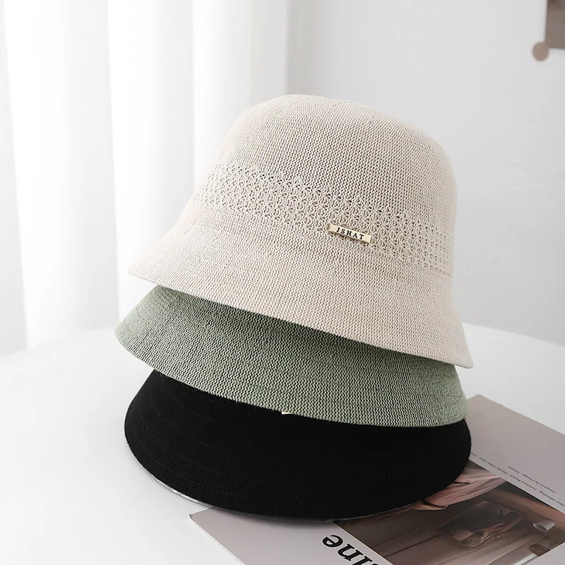

Hollow grid Bucket hat for women new summer thin fisherman hats fashionable white pearl chain decorative basin cap beach caps