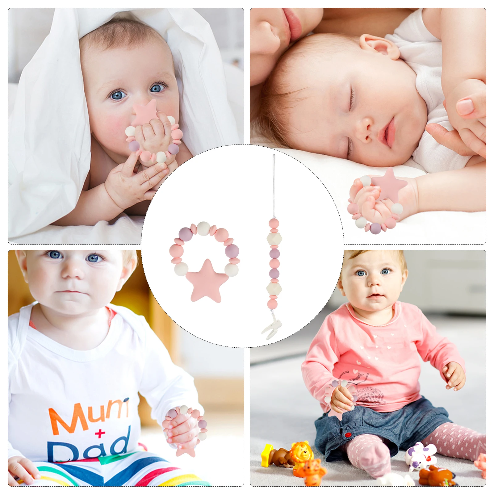 

1 Set Silicone Baby Teething Bracelet Pacifier Clip Chain Grasping Newborn Infant 5-Pointed Bright Colors Stroller