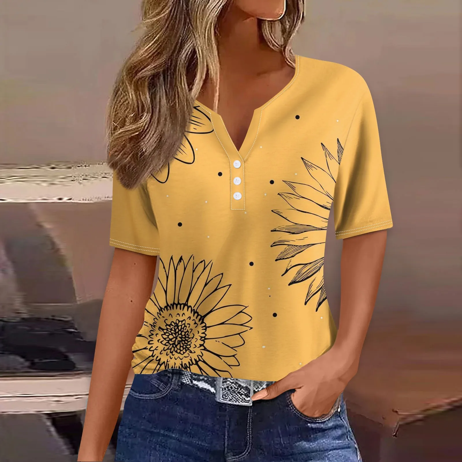 Fashion Women\'s Summer T-Shirts Sunflower Printed Loose Casual Short Sleeve TShirts Button V-Neck Basic Tops Ropa Para Mujer