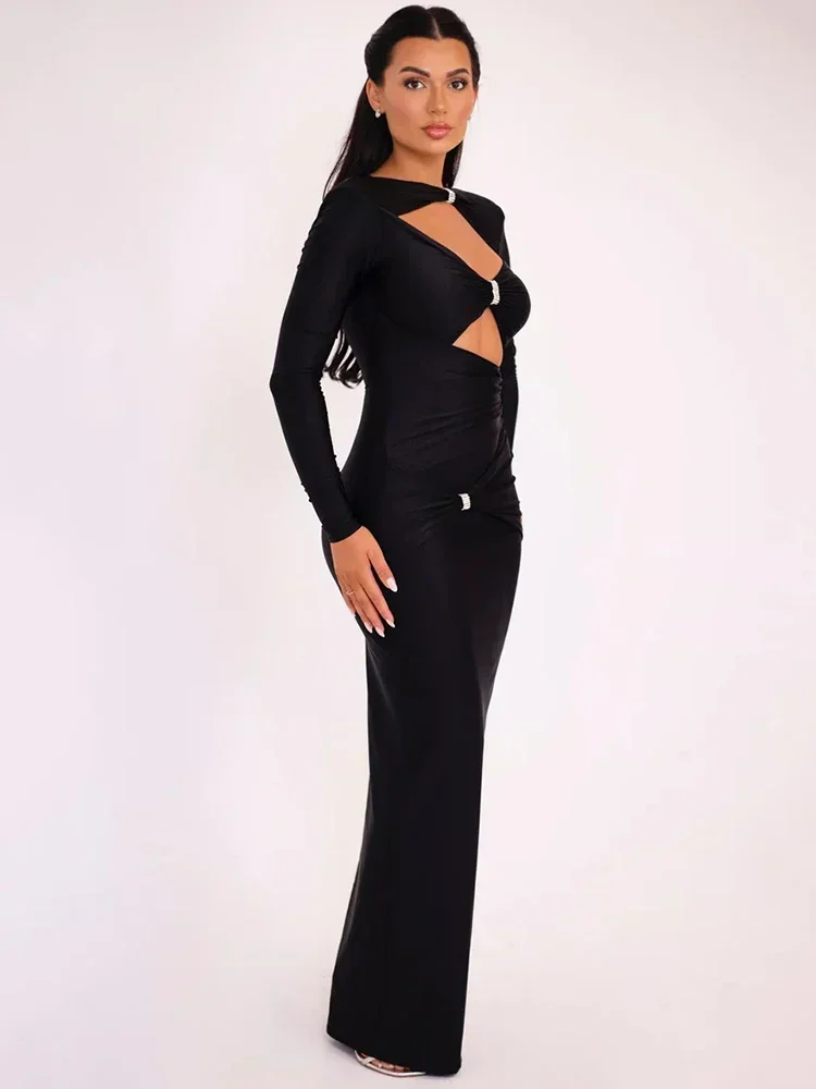 Elegant Hollow Out Long Sleeve Sexy Maxi Dress for Women Solid Color Slim Fit Cut Out Club Party Long Dress New