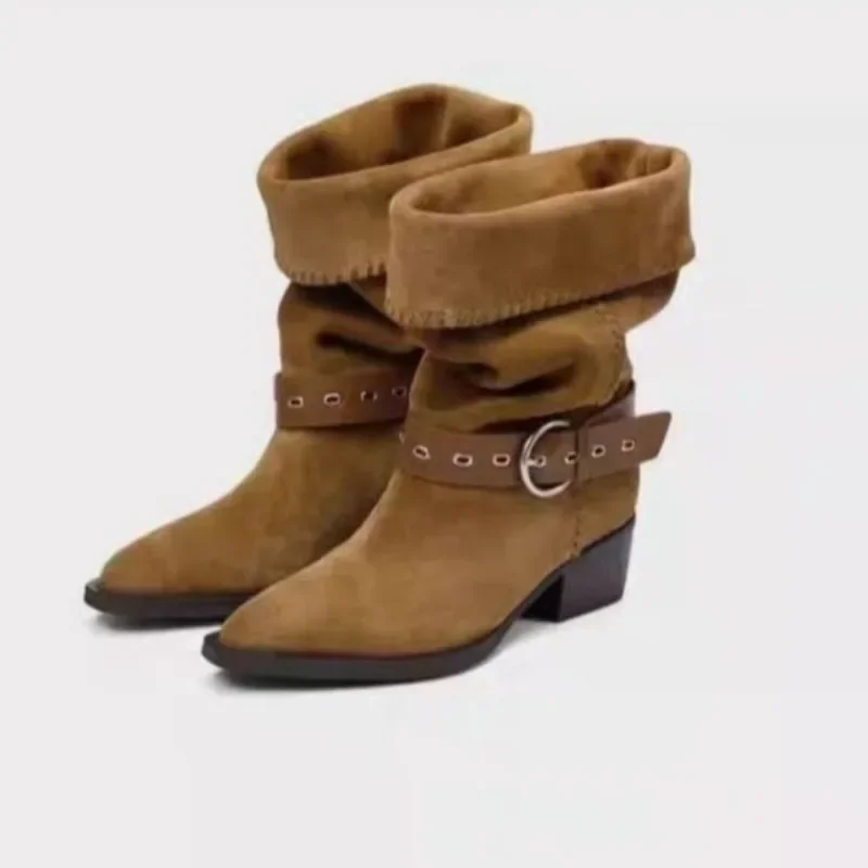 

Pile Boots Women's Fall New Vintage Pointed Toe Suede Studded Metal Buckle Block Heel Western Cowboy Boots