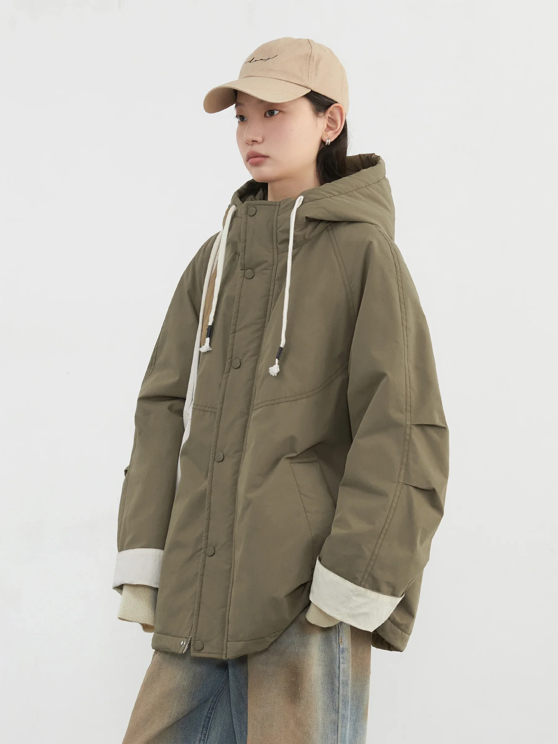 CHIC VEN Women Jackets Loose Contrast Hooded Drawstring Safari Style Thick Quilted Female Coat Spring Autumn 2025