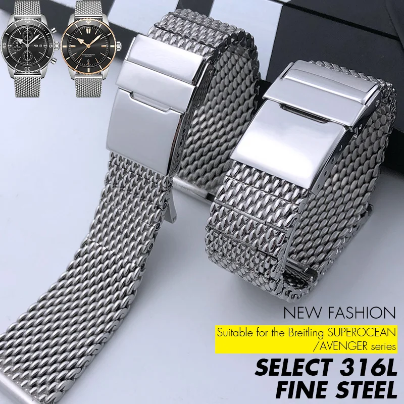 

22mm 24mm High Quality Stainless Steel Watchband for Breitling SUPEROCEAN AVENGER NAVITIMER Metal Woven Mesh Watch Strap