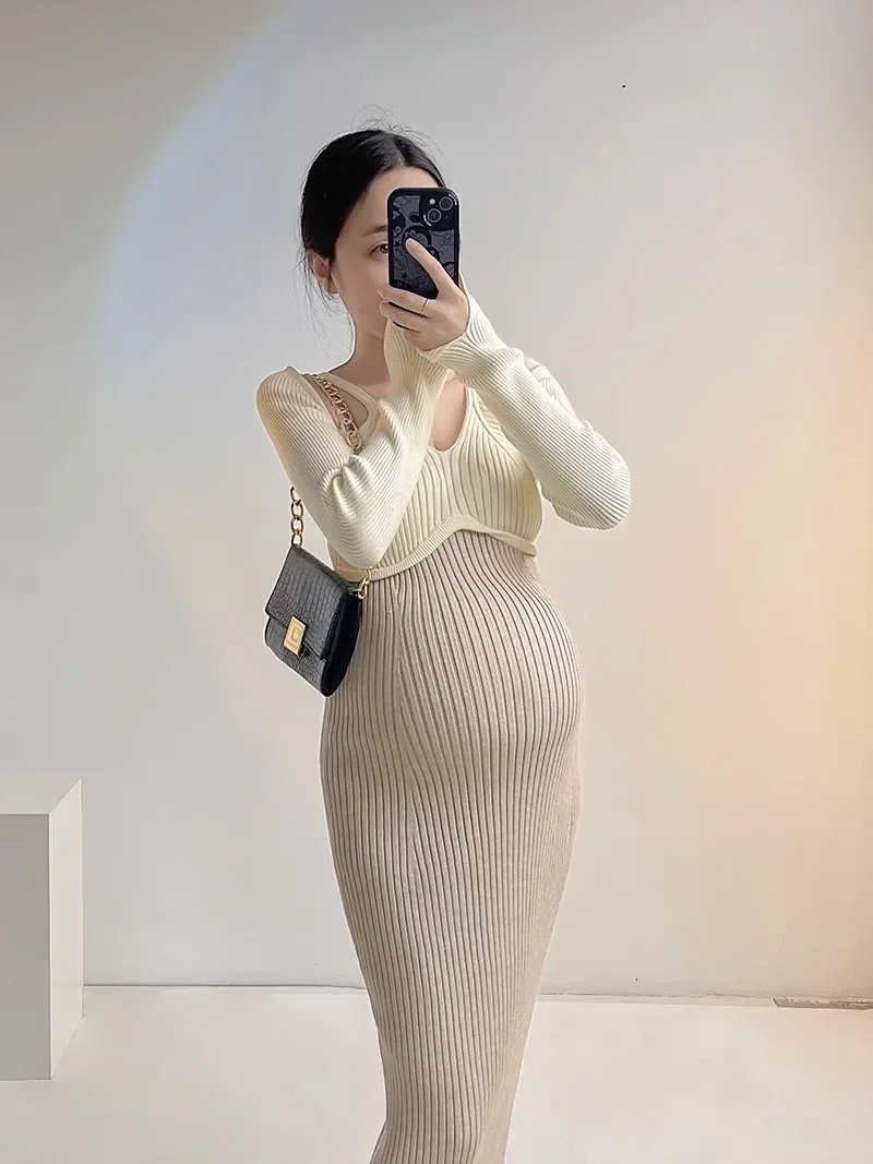 Autumn Winter Maternity Dress  A Line Slim Sweaters Clothes for Pregnant Women  Bodycon Pregnancy Baby Shower Party