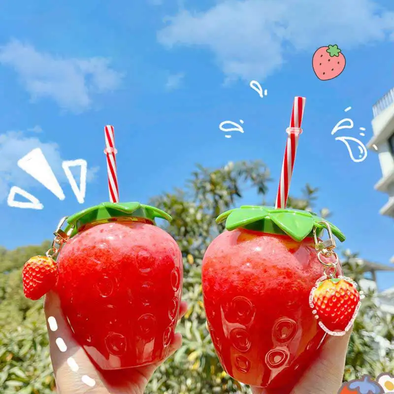 Ins Wind Net Red Strawberry Straw Cup Plastic Cup Cute Female Hand-held Milk Tea Cup Student Portable Water Cup Water Bottle