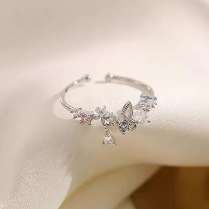 Sweet CZ Crystal Zircon Flowers BowKnot Ring for Women Korean Style Creative Design Open Rings Princess Jewelry Gift