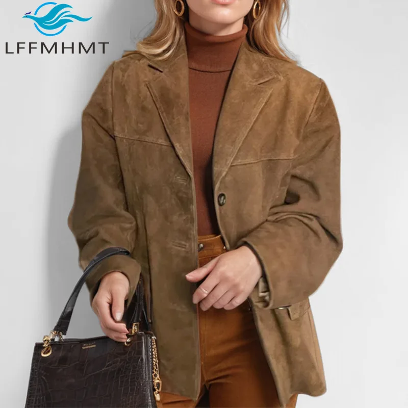 

European American Style Winter Fall Fashion Women's Elegant Vintage Brown Loose Casual Long Sleeve Single Piece Blazer Coats
