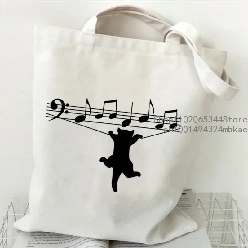 Musical Symbols Cat Tote Bag Kawaii Cartoon Shopper Handbag Fashion Canvas for Women Girls Graphic Shopper Climbing Cat Tote Bag