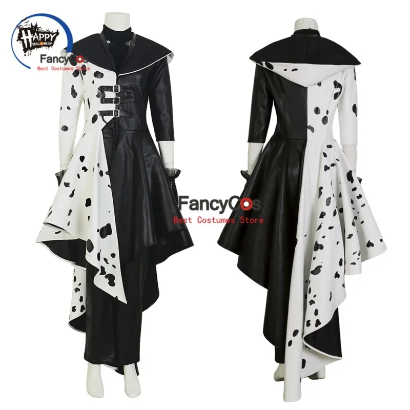 

2021 Cruella Costume Cosplay Maid Dress Adult Kids Cruella de Vil Dress Gown Black White Polka Dot Custom Made