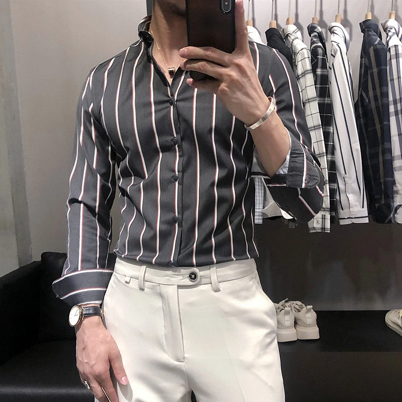 New men's printed long sleeved shirts with vertical stripes for spring and summer 2024, casual and loose fitting men's clothing