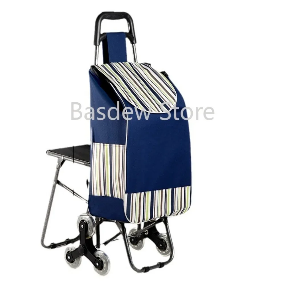 Six-Wheel Folding Supermarket Trolley with Stool Apron Lever Car Elderly Climbing Shopping Shopping Luggage Trolley