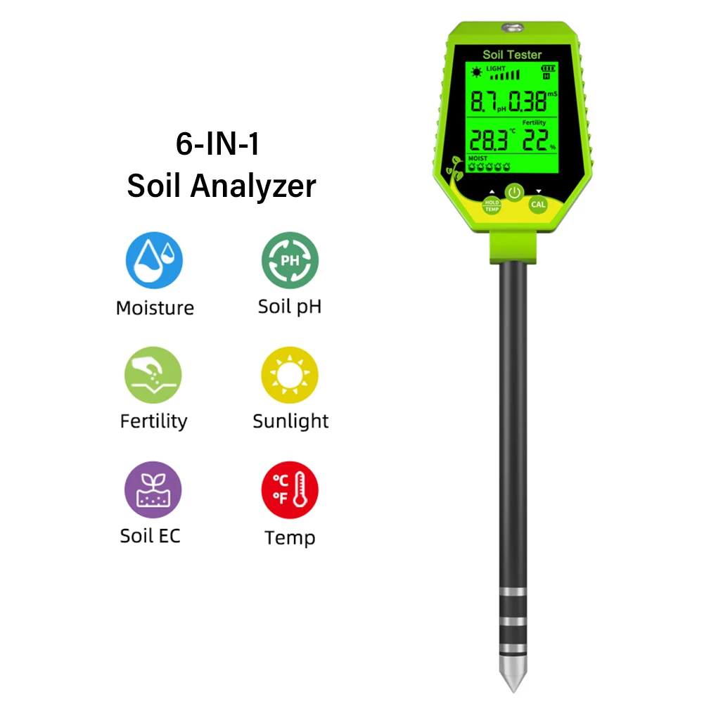 YIERYI Soil PH Meter Digital Soil Moisture Fertility Light Temp Humidity Tester Accurate Analyzer for Garden, Plants, Lawn