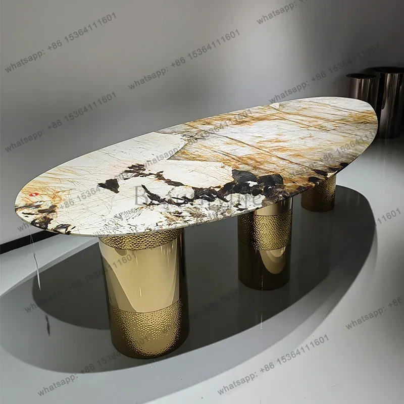 LJY Trending Villa Home Design Corrosion/Heat/Easy-Clean Italian Luxury Stainless Steel Dining Table, Oval Imported Stone Tablet
