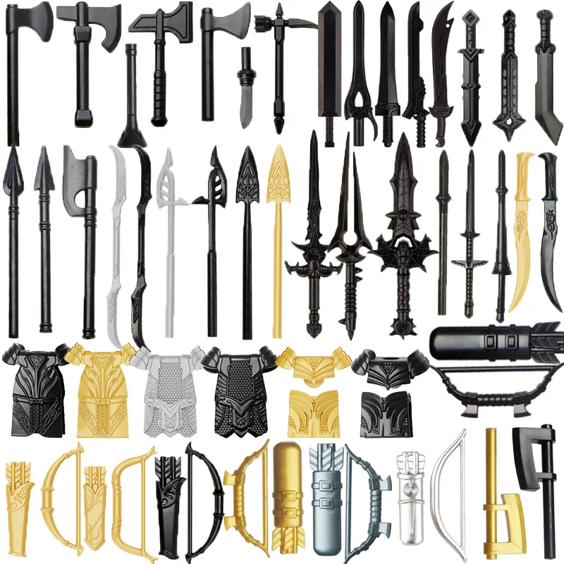 

MOC Medieval Soldier Weapons Building Blocks Figures Equipment Accessories Helmets Shields Knives Bows Swords Armor Toy Kid T007