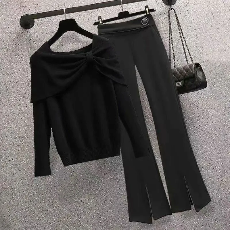 Large Size Women's Clothing 2024 Autumn and Winter New Item Red Knitted Sweater Black Casual Pants Two-piece Set Pant Sets