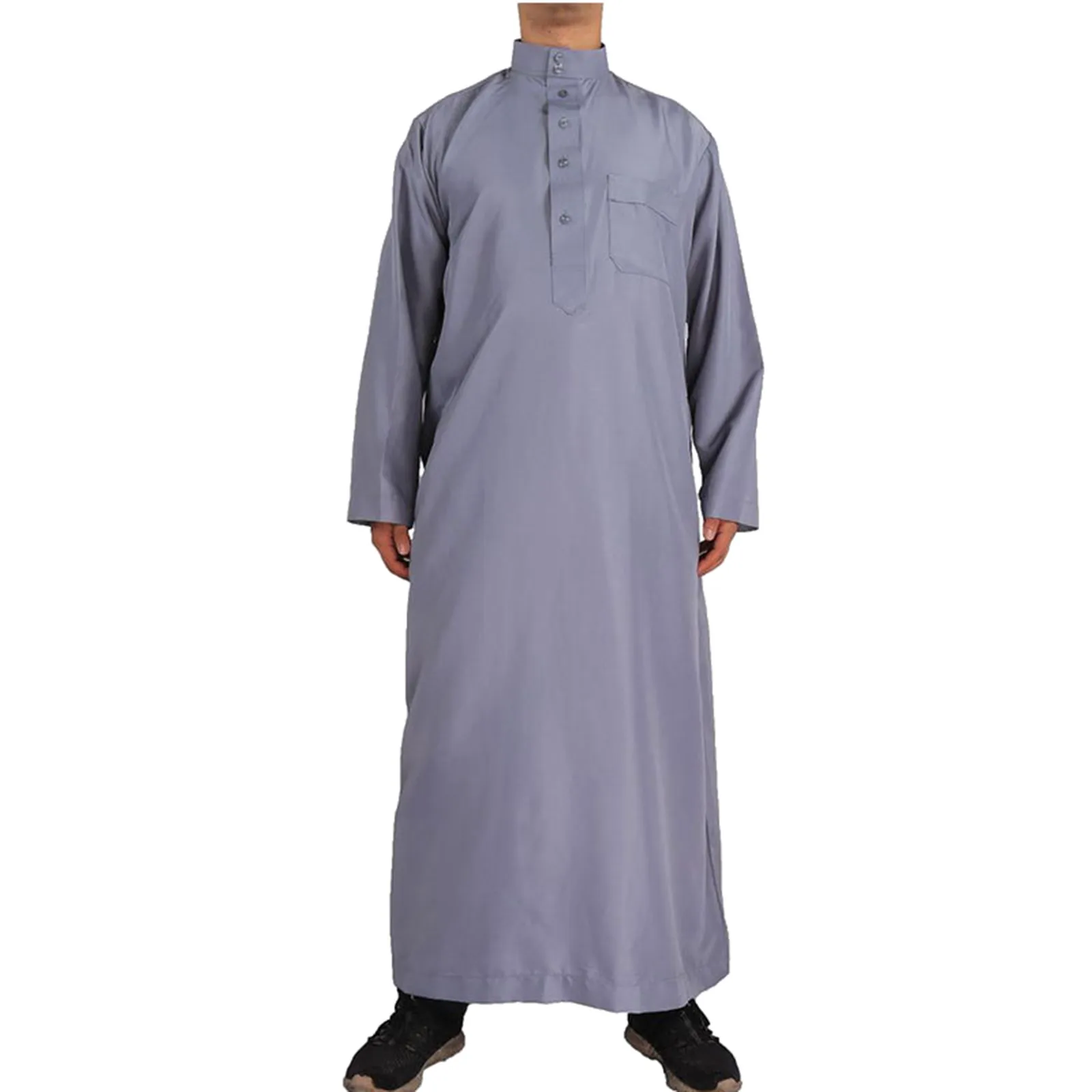 Jubah kasual pria Muslim kerah berdiri Thobe warna Solid saku lengan panjang jubah Jubba mode Arab Muslim Dubai pakaian pria