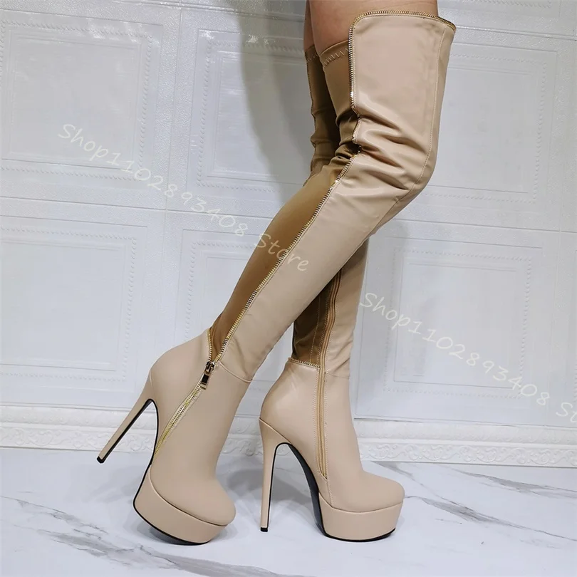 

Apricot Splicing Platform Boots Stiletto High Heels Side Zipper Round Toe Women Autumn Big Size Shoes 2023 Zapatos Para Mujere