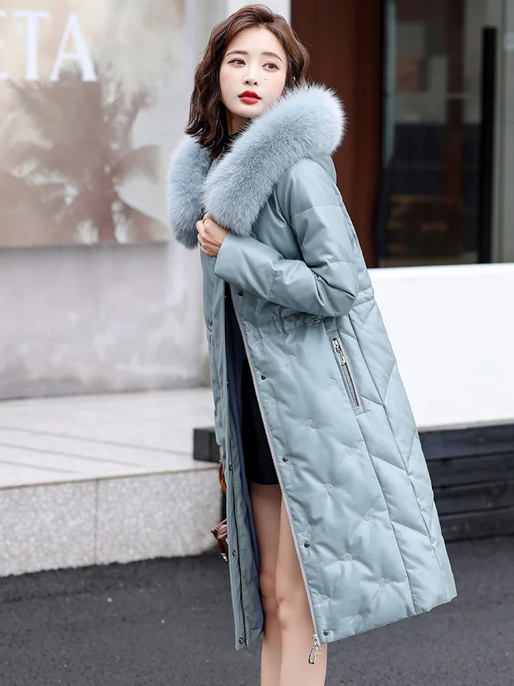 New Women Winter Casual Hooded Leather Down Coat Fashion Warm Fox Fur Collar Slim Long Sheepskin Down Jacket Split Leather