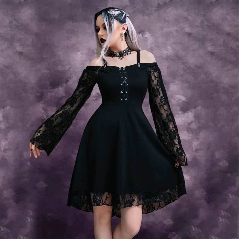 Women Lace Stitching Flare Sleeve Witchy Gothic Vintage Cold Shoulder Midi Dress