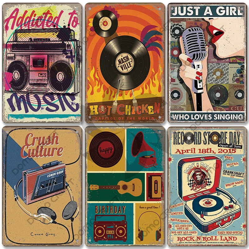 Retro plakat muzyczny metalowe plakietki emaliowane muzyka Radio CD gitara piosenkarka metalowa płyta Vintage dekoracja ścienna impreza muzyczna Bar klub salon